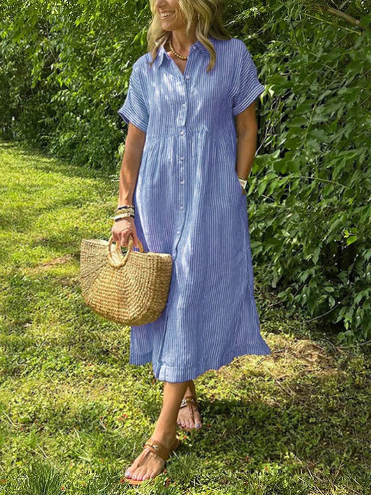 👗 Ριγέ φόρεμα πουκάμισο με τσέπες, ρεβέρ και κουμπιά