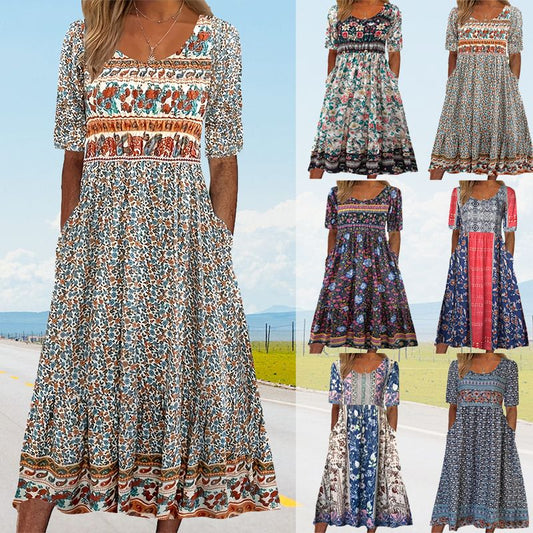 2025 Γυναικείο κομψό φόρεμα με boho print
