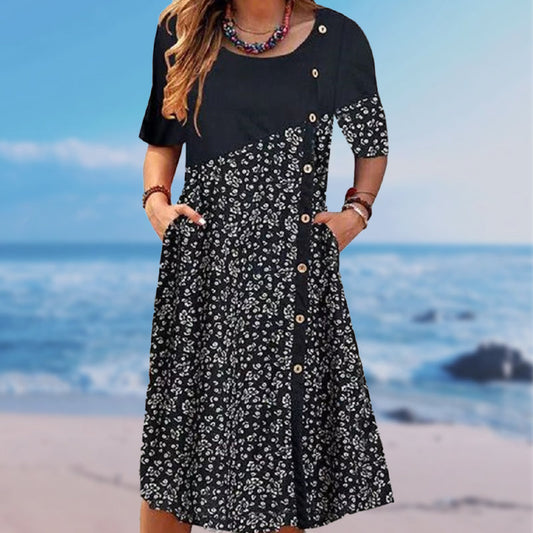 Γυναικείο patchwork vintage τυπωμένο βαμβακερό λινό φόρεμα