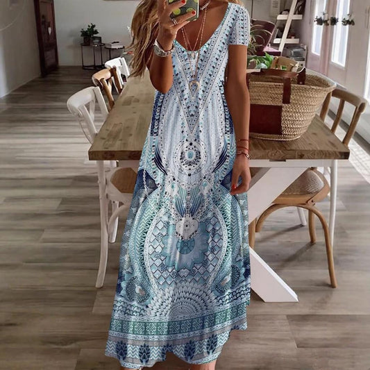 💃 Γυναικείο φόρεμα με φλοράλ εκτύπωση V-λαιμός με κοντό μανίκι