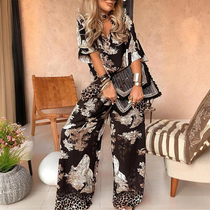 Γυναικείο casual σύνολο με V-shaped ντεκολτέ και μακρύ παντελόνι