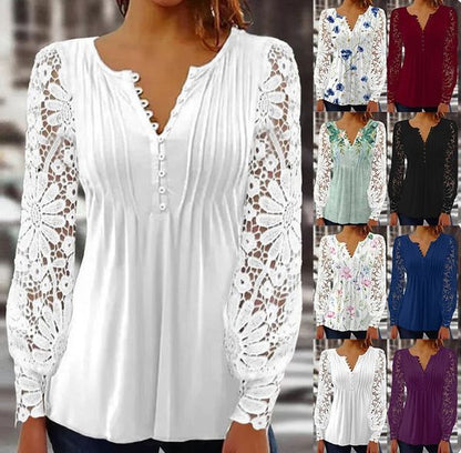 Μπλούζα με floral μοτίβο, μακρύ μανίκι, V-neckline και δαντέλα