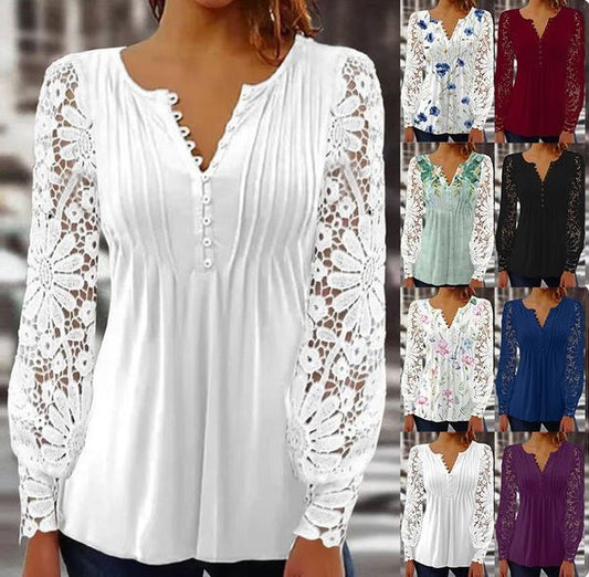 Μπλούζα με floral μοτίβο, μακρύ μανίκι, V-neckline και δαντέλα
