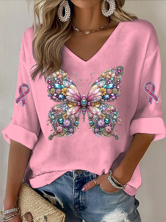 Γυναικείο πεταλούδα Ribbon Rhinestone εκτύπωση Casual μακριά μανίκι T-Shirt