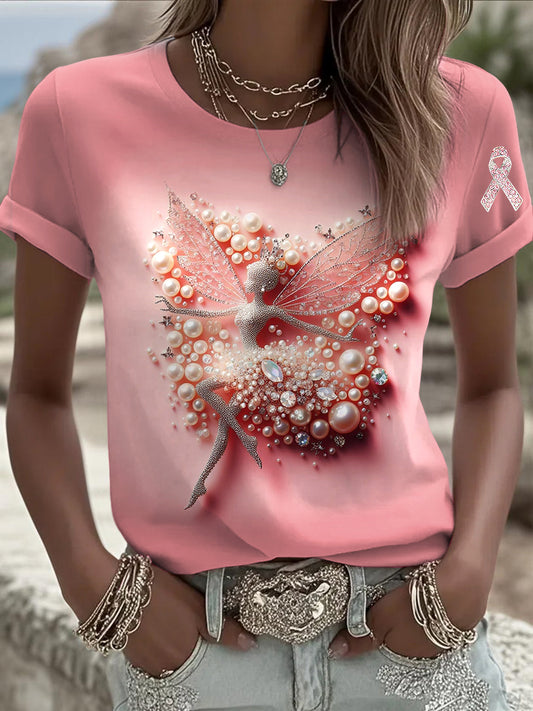 Γυναικείο μαργαριτάρι Rhinestone Τυπωμένα Καθαρό T-shirt