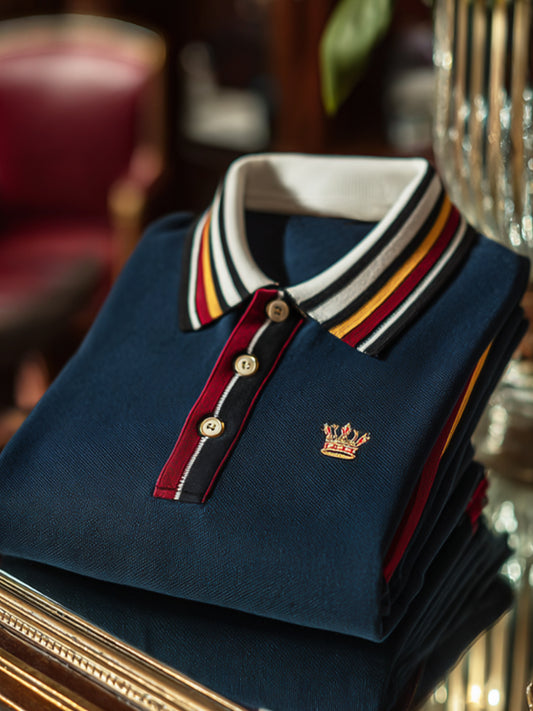 Retro Royal Stripe patchwork επιχειρηματικό μανίκι Polo πουκάμισα