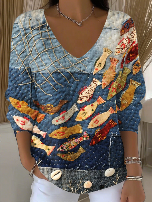 Γυναικείο Vintage ψάρι Patchwork Τέχνης V-Neck κορυφαίο