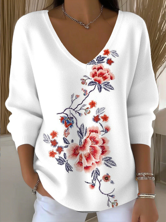 Γυναικείο Vintage Floral τέχνη V-Neck top.