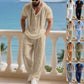 Ανδρικό σετ 2 τεμαχίων από λινό: πουκάμισο Henley με κουκούλα και παντελόνι