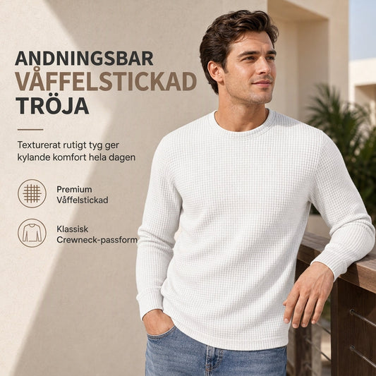 🧶 Våffelstickad herrtröja med rund hals och smal passform✨
