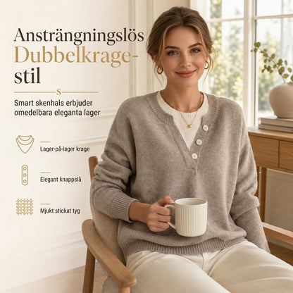 💓 Mjuk Stickad Tröja för Dam med V-ringning, Knappslå och Lager-på-lager-look 👚