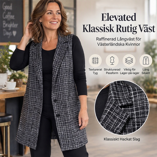 Väst i lång modell med rutigt mönster och slått krage för kvinnor