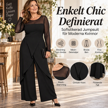 🖤 Elegant jumpsuit i mesh med långa ärmar och överlappande detalj för damer – Stilren och sofistikerad ✨