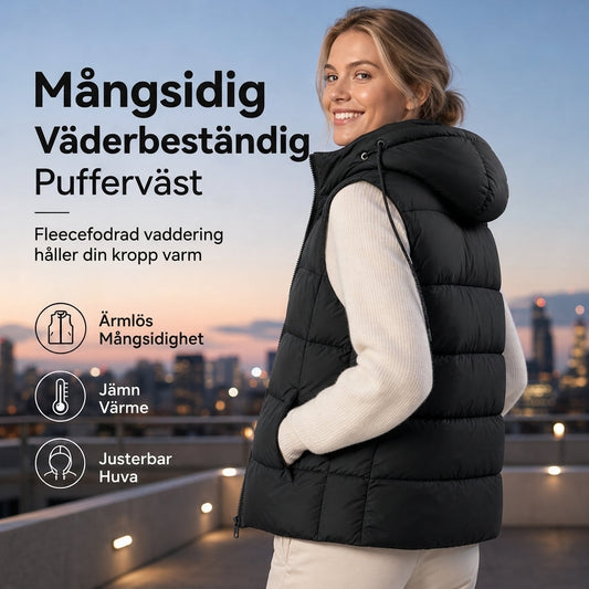 Vädd vadderad väst med huva för kvinnor, justerbar dragsko och hel dragkedja