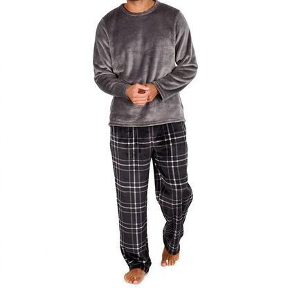 ✨Mjuk plyschstickad loungetröja och pyjamas för män – Rundhalsad enfärgad tröja och rutiga byxor ✨