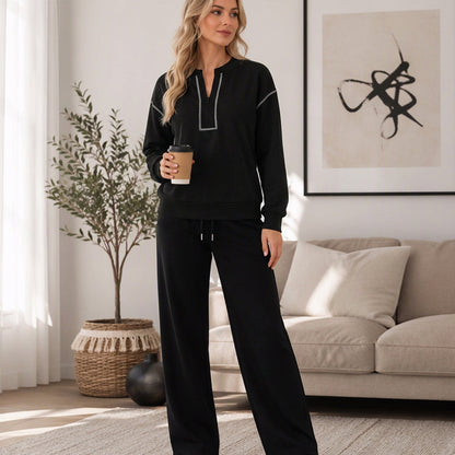 ✨ Halvzip-topp med lång ärm och vida byxor – Set för kvinnor, skönt och mångsidigt 🔥